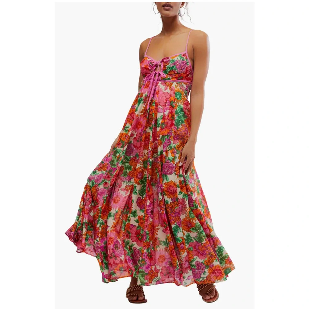 FREE PEOPLE PINK FLORAL DREAM WEAVER BOHO MAXI DRESS SZ XS